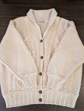 Vintage Wool Chunky Cream Cable Shawl-Collar Cardigan